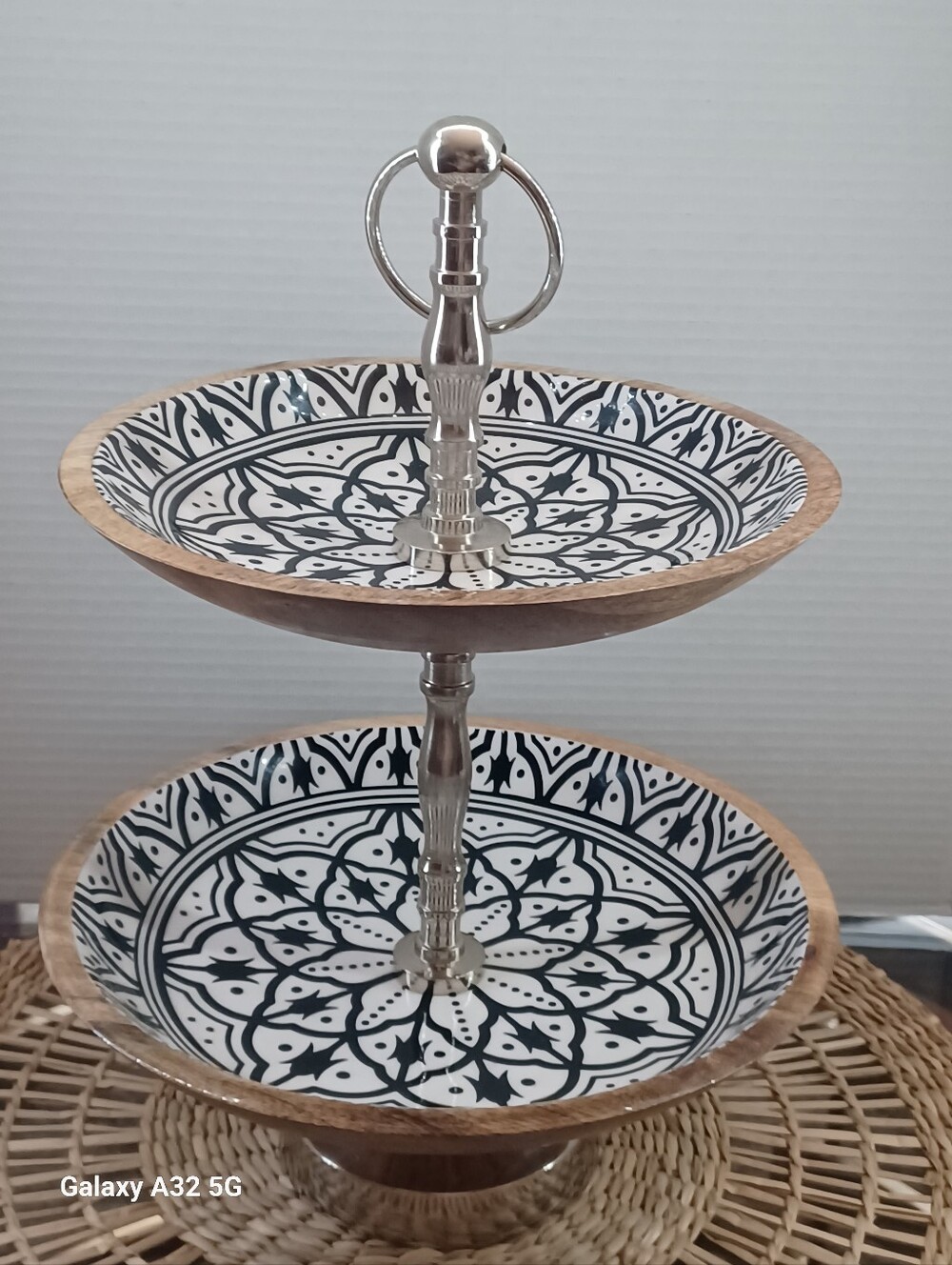 Mediterranean Style 2 Tiered Black And White Serving Stand 14" Tall